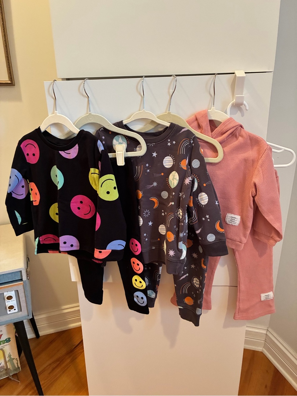 3T Bundle of Long Sleeve Matching Sets- Smiley Faces, Space, Pink Waffle